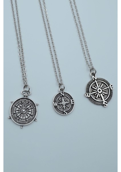 3'lü Pusula Gümüş Kaplama Gümüş Kaplama Kolye Seti