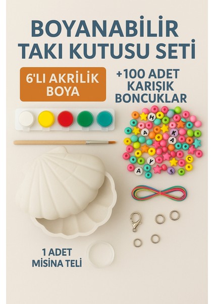 Boyanabilir Takı Kutusu Seti – 6’lı Akrilik Boya + 100 Parça Boncuk + Misina Hediyeli