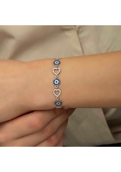 925 Ayar Gümüş Kalpli Nazar Bileklik T6034 (972972) fiyatları