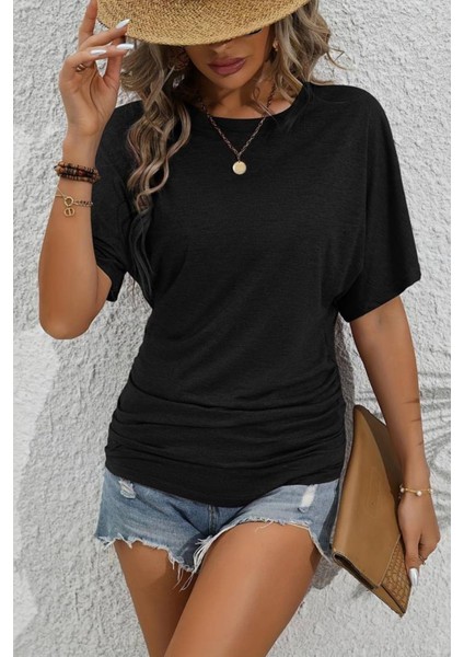 Bisiklet Yaka Büzgü Detaylı Yarasa Kol Viskon Bluz Siyah