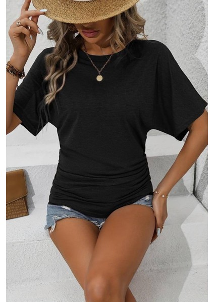 Bisiklet Yaka Büzgü Detaylı Yarasa Kol Viskon Bluz Siyah modelleri