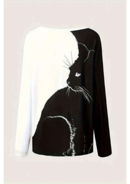 V Yakalı Kedi Baskılı Şardonlu Dalgıç Bluz Siyah fiyatları