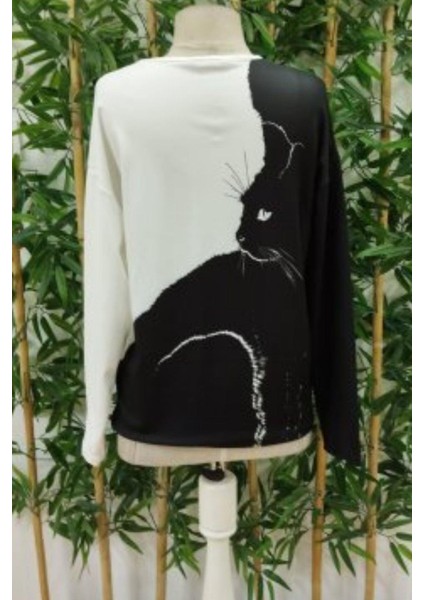 V Yakalı Kedi Baskılı Şardonlu Dalgıç Bluz Siyah fırsatları