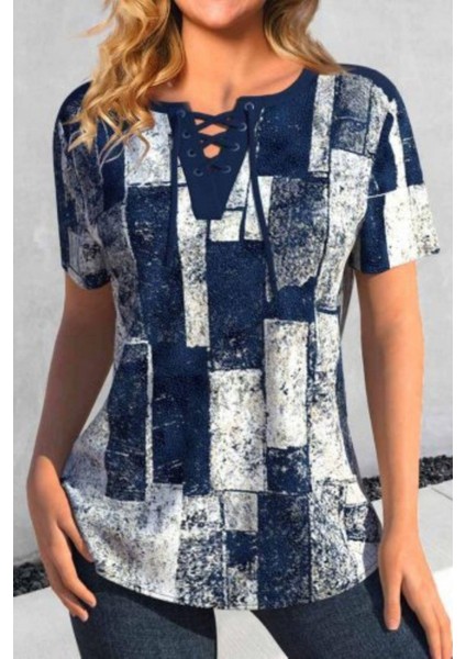 Kısa Kollu Bağcık Detaylı Süprem Bluz - Lacivert