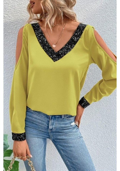 V Yaka Omzu Açık Sandy Bluz - Sarı