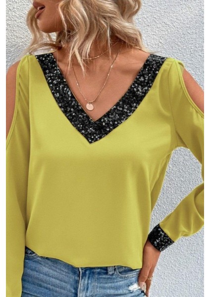V Yaka Omzu Açık Sandy Bluz - Sarı fiyatları