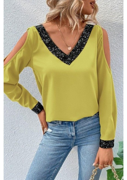V Yaka Omzu Açık Sandy Bluz - Sarı modelleri