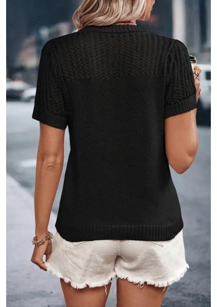 Yuvarlak Yaka Kısa Kollu Örgü Detaylı Triko Bluz - Siyah modelleri
