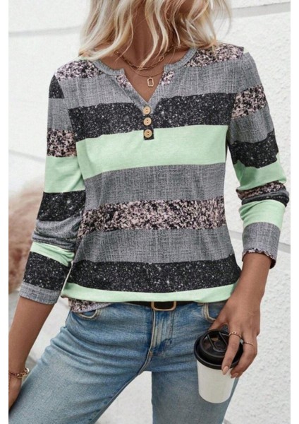 Düğmeli Blok Desenli Süprem Bluz - Yeşil