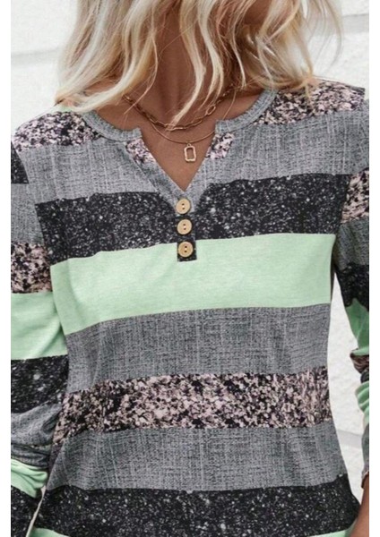 Düğmeli Blok Desenli Süprem Bluz - Yeşil fiyatları