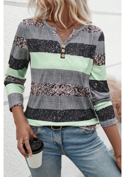 Düğmeli Blok Desenli Süprem Bluz - Yeşil modelleri