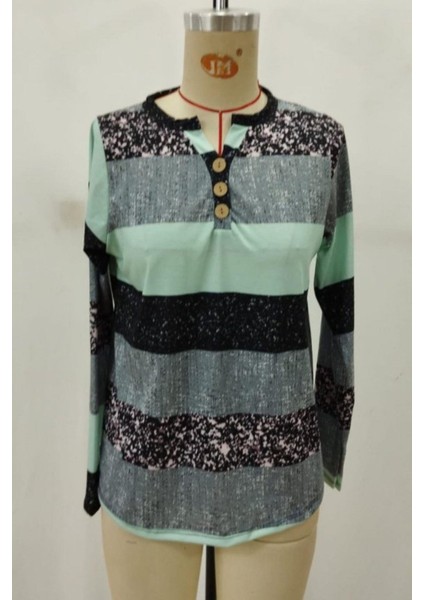 Düğmeli Blok Desenli Süprem Bluz - Yeşil fırsatları