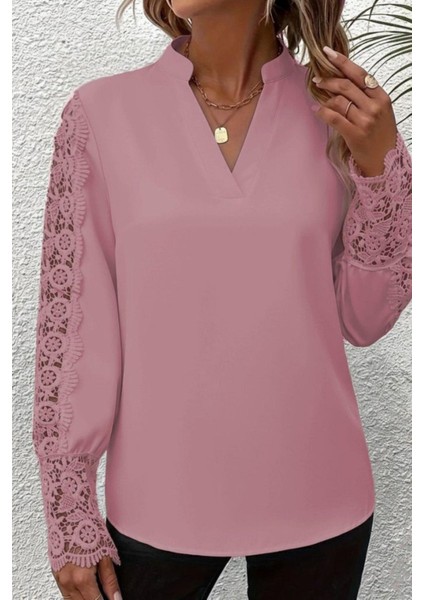 Hakim Yaka Dantel Kollu Ithal Krep Bluz - Pembe