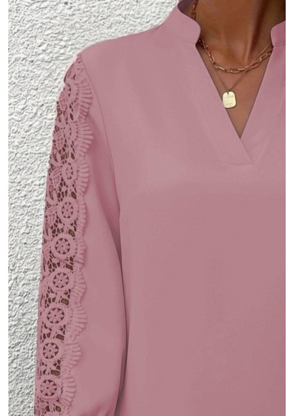 Hakim Yaka Dantel Kollu Ithal Krep Bluz - Pembe fiyatları