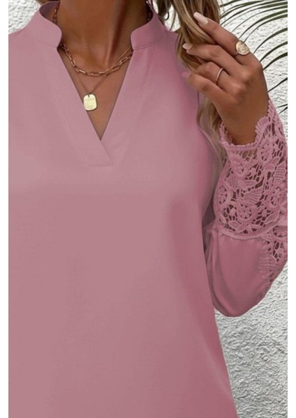 Hakim Yaka Dantel Kollu Ithal Krep Bluz - Pembe modelleri