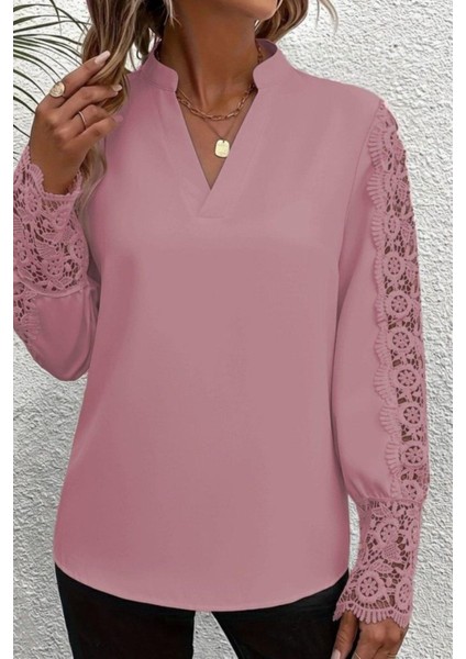 Hakim Yaka Dantel Kollu Ithal Krep Bluz - Pembe fırsatları