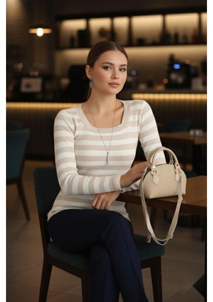 Kare Yaka Çizgili Triko Bluz Taş fiyatları