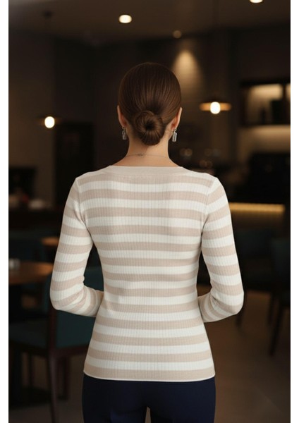 Kare Yaka Çizgili Triko Bluz Taş modelleri