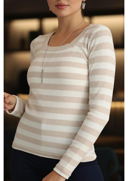 Kare Yaka Çizgili Triko Bluz Taş fırsatları