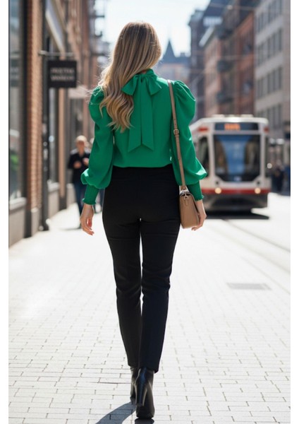 Dik Yaka Arkadan Bağlamalı Ithal Krep Bluz - Yeşil fiyatları