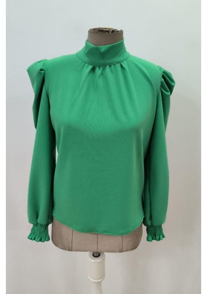 Dik Yaka Arkadan Bağlamalı Ithal Krep Bluz - Yeşil modelleri