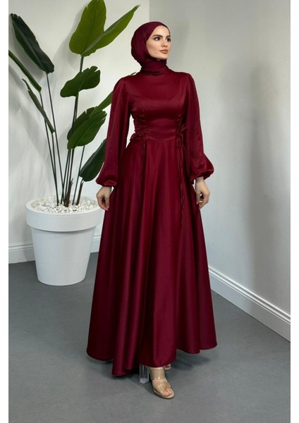 Orya Yanları Sıkmalı Saten Abiye Bordo