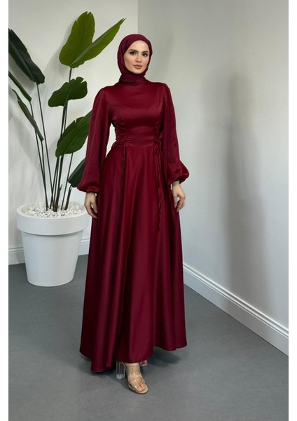 Orya Yanları Sıkmalı Saten Abiye Bordo fiyatları