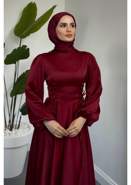 Orya Yanları Sıkmalı Saten Abiye Bordo modelleri