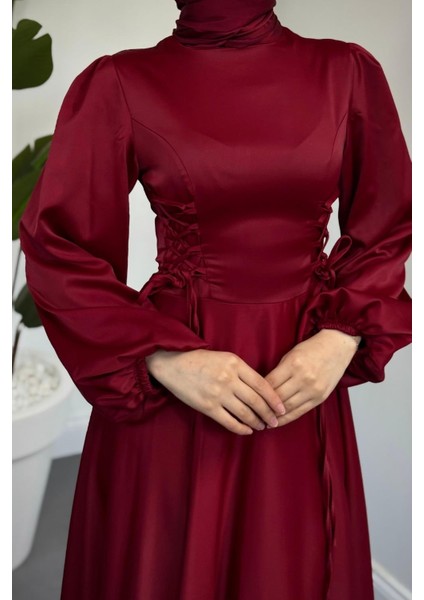 Orya Yanları Sıkmalı Saten Abiye Bordo fırsatları