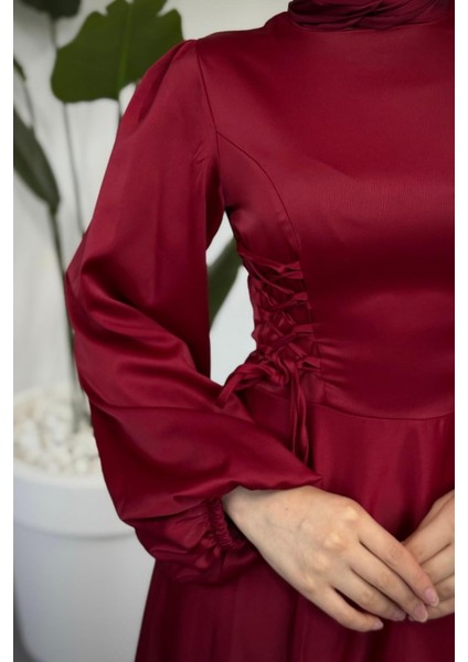 Orya Yanları Sıkmalı Saten Abiye Bordo indirimleri