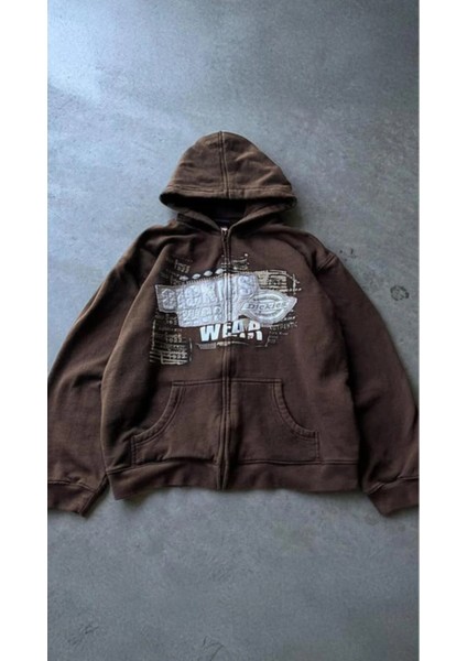 Kahverengi Wear Y2K Unisex Kapüşonlu Unsiex Hırka