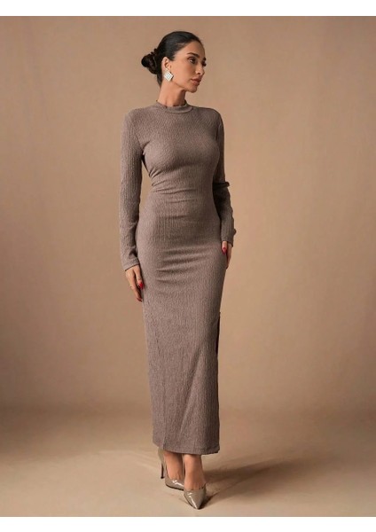 Yırtmaçlı Kalın Bürümcük Uzun Elbise Vizon modelleri