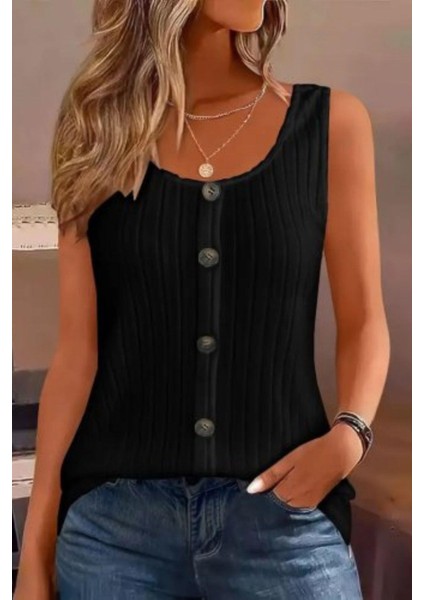 Önden Düğmeli Kaşkorse Kolsuz Bluz - Siyah