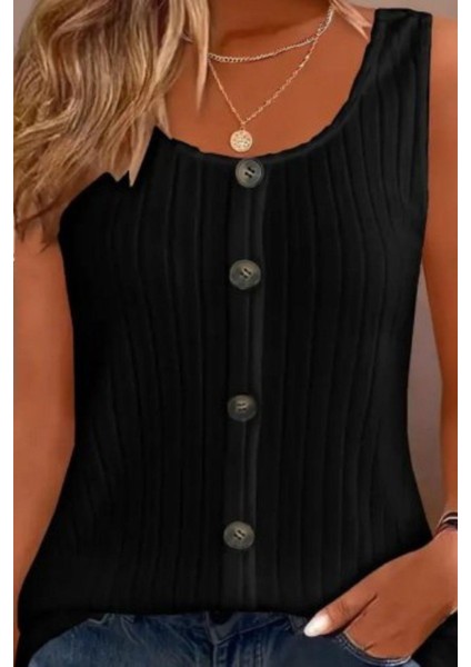 Önden Düğmeli Kaşkorse Kolsuz Bluz - Siyah fiyatları