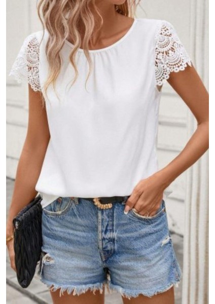 Dantel Kollu Bisiklet Yaka Sandy Bluz - Beyaz