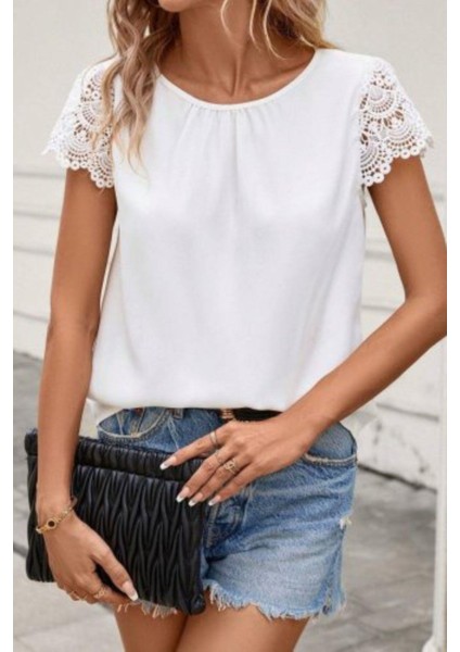 Dantel Kollu Bisiklet Yaka Sandy Bluz - Beyaz fiyatları