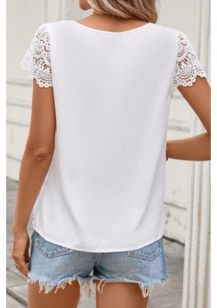 Dantel Kollu Bisiklet Yaka Sandy Bluz - Beyaz modelleri