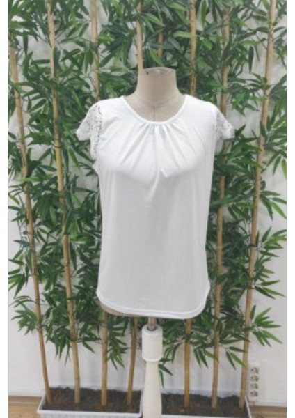 Dantel Kollu Bisiklet Yaka Sandy Bluz - Beyaz fırsatları