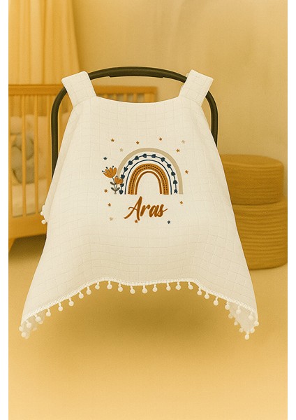 Kişiye Özel Isimli Yağmur ve Gökkuşağı Desenli Puset Örtüsü - Bebek Arabası Örtüsü