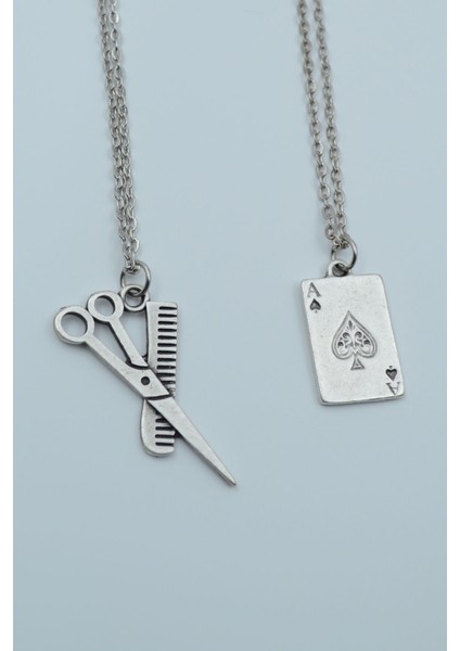 2'li Berber Makas Tarak Maça As Poker Gümüş Kaplama Kolye Seti
