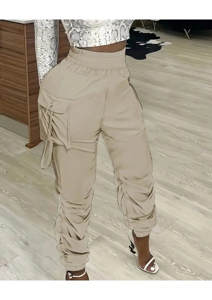 Kadın Yüksek Bel Beli Lastikli Kargo Cep Detaylı Gabardin Pantolon