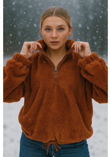 Peluş Yarım Fermuarlı Büzgülü Kanguru Cepli Kadın Sweatshirt Kiremit