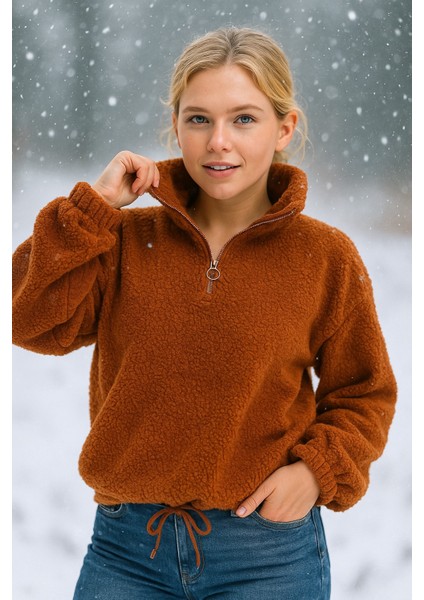 Peluş Yarım Fermuarlı Büzgülü Kanguru Cepli Kadın Sweatshirt Kiremit fiyatları