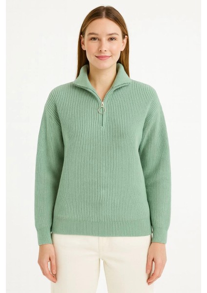 Velmora Yarım Fermuarlı Triko Kazak - Mint Yeşili - modelleri