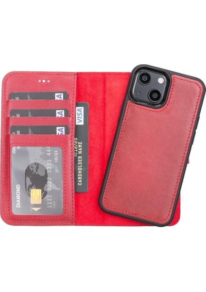 Apple iPhone 13 Mini Uyumlu Deri Cüzdanlı Kılıf V4EF Kırmızı