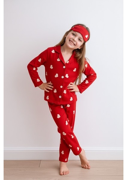 Kız Çocuk Kırmızı Süet Kalp Desenli Pijama Takımı - Uyku Bandı Hediyeli