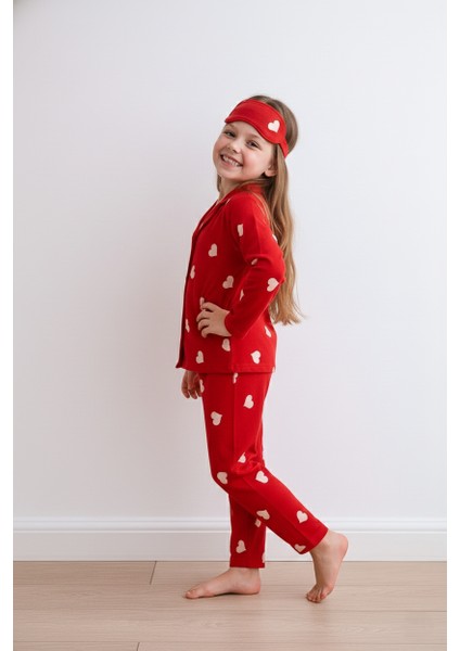 Kız Çocuk Kırmızı Süet Kalp Desenli Pijama Takımı - Uyku Bandı Hediyeli modelleri