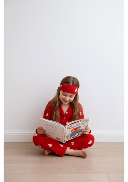 Kız Çocuk Kırmızı Süet Kalp Desenli Pijama Takımı - Uyku Bandı Hediyeli fırsatları