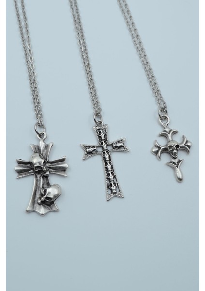 3'lü Kuru Kafa Haç Gümüş Kaplama Kolye Seti