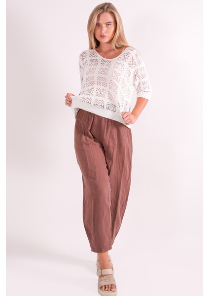 Triko Bluz Yazlık Kazak Dantel Ajurlu Etnik Desenli Yarasa Kollu Kayık Yaka Pareo Kadın Bluz fiyatları